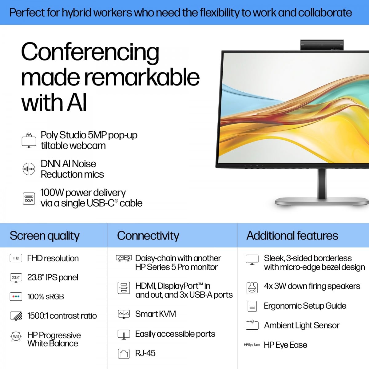 HP Series 5 Pro 23.8 inch FHD USB-C Conferencing Monitor - 524pm computer monitor 23.8" 1920 x 1080 pixels Full HD LCD Black - Slika 7