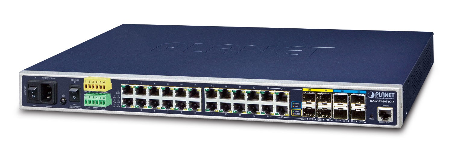 Planet IGS-6325-20T4C4X IP30 19″ Rack Mountable Industrial L3 Managed Core Ethernet Switch, 24*1000T with 4 shared 100/1000X SFP + 4*10G SFP+ (-40 to 75 C, AC +