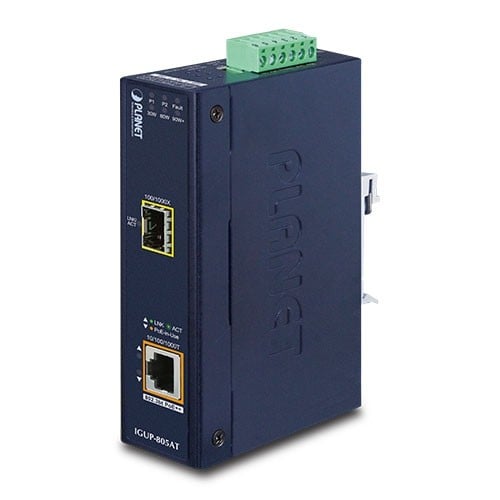 Planet IGUP-805AT Industrial 1-Port 100/1000X SFP to 1-Port 10/100/1000T 802.3bt PoE++ Media Converter (802.3bt Type-4, Legacy, Force mode support, -40 to 75 C,