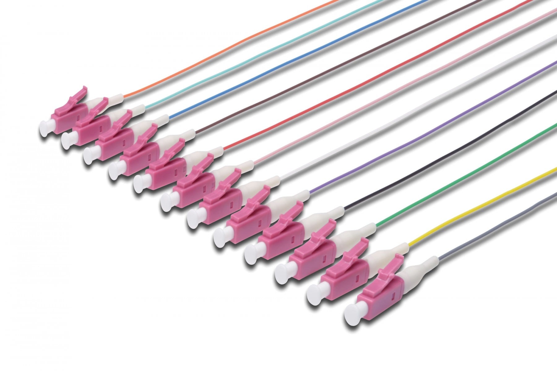 FO pigtail set, 12 pcs., LC, MM OM4 50/125 µ loose buffer, color code DIN IEC 304, 2m