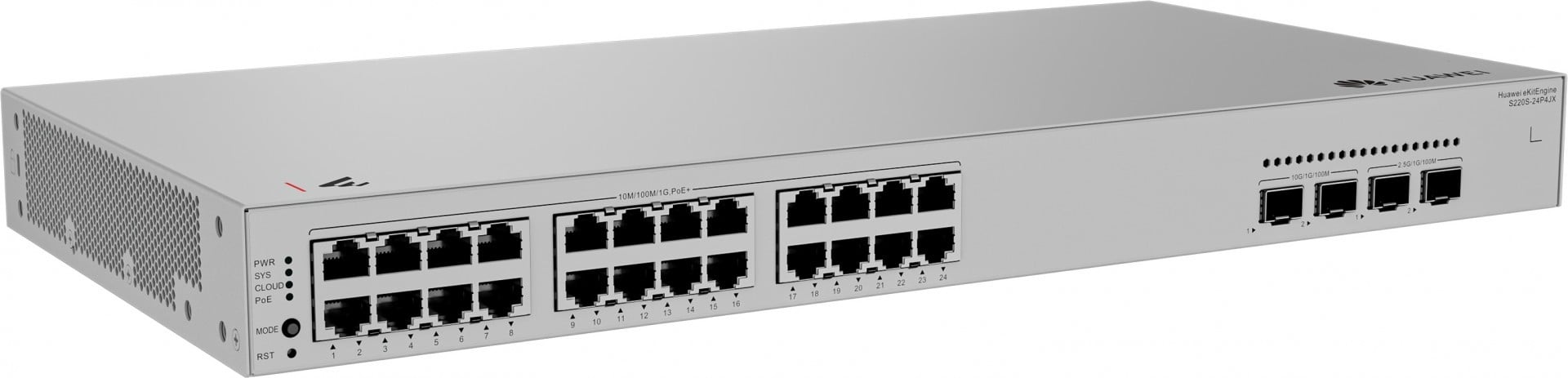 Huawei Switch S220S-24P4JX,S220S-24P4JX,S220S-24P4JX (24*10/100/1000BASE-T ports (400 W PoE+), 2*10GE SFP+ ports, 2*2.5GE SFP ports, built-in AC power)