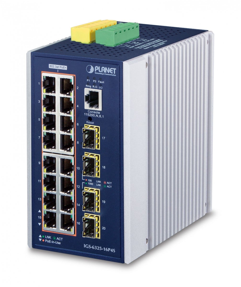 Planet IGS-6325-16P4S IP30 DIN-rail Industrial L3 16-Port 10/100/1000T 802.3at PoE + 4-port 1G/2.5G SFP Full Managed Switch (-40 to 75 C, dual redundant power i