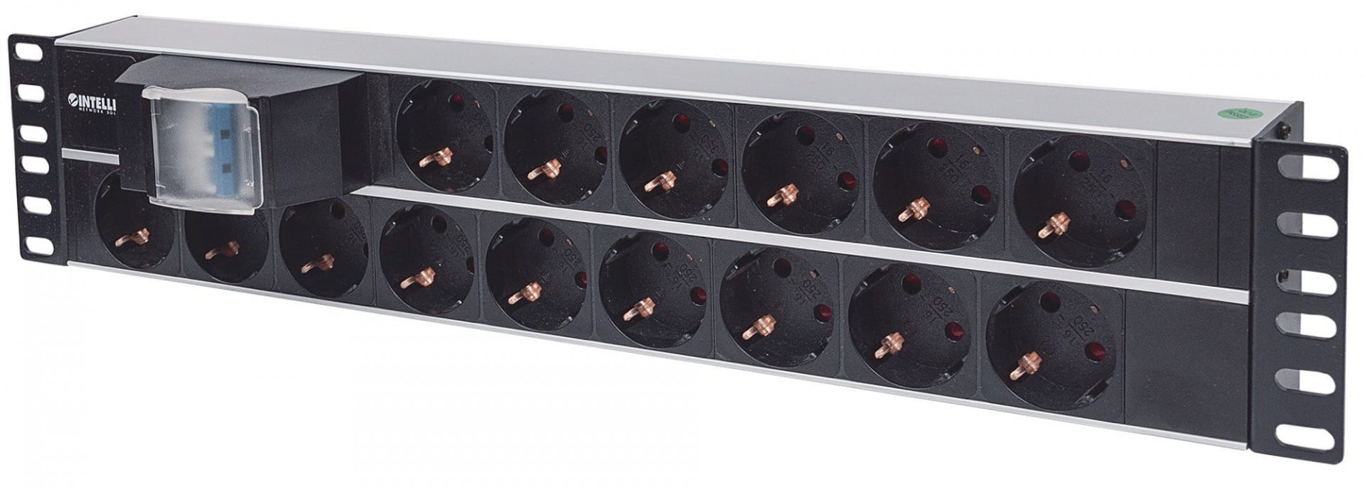 Intellinet 19″ 2U Rackmount 15-Way Power Strip – German Type”, With Double Air Switch, 3m Power Cord (Euro 2-pin plug)