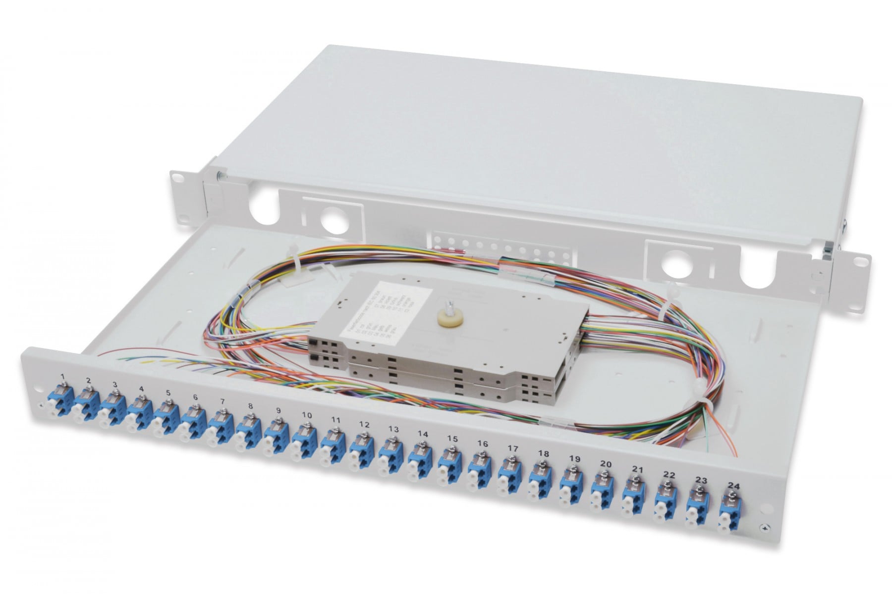 FO splice box, 1U, equipped, 24x LC DX, OS2 incl. splice cassette, colored pigtails, couplers