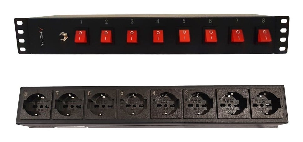 Techly I-CASE STRIP-815I 19″ Rack Strip 1.5U, 8x UNEL sockets at the back, 8x switch at the front