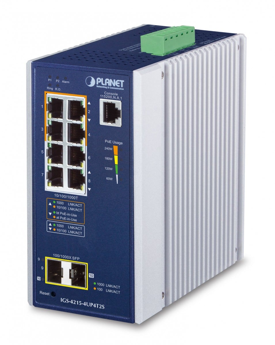 Planet IGS-4215-4UP4T2S IP30 Industrial L2/L4 4-Port 10/100/1000T 802.3bt PoE + 4-Port 10/100/1000T + 2-Port 100/1000X SFP Managed Switch (-40~75 degrees C, 4-p