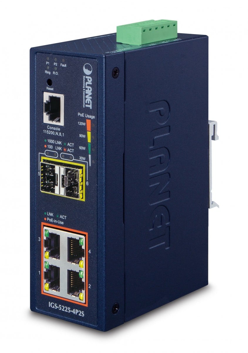 Planet IGS-5225-4P2S IP40 Industrial L2+/L4 4-Port 1000T 802.3at PoE + 2-Port 100/1000X SFP Full Managed Switch (-40 to 75 C, dual redundant power input on 48~5