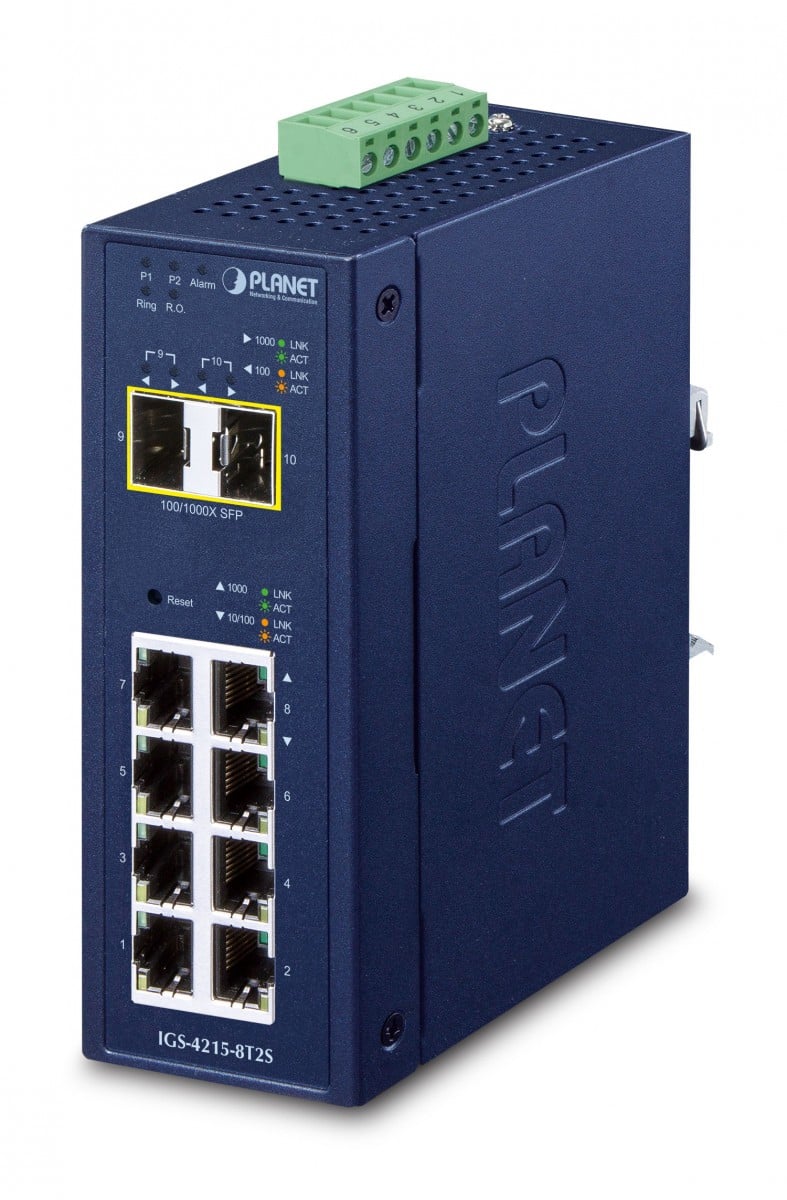 Planet IGS-4215-8T2S IP30 Industrial L2/L4 8-Port 10/100/1000T + 2-Port 100/1000X SFP Managed Switch (-40~75 degrees C, dual redundant power input on 9~48VDC/24