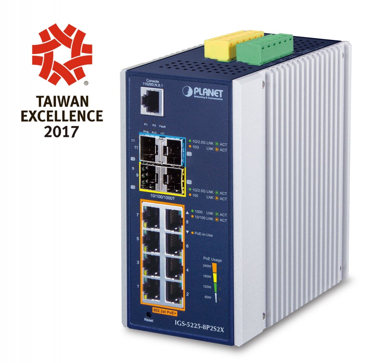 Planet IGS-5225-8P2S2X IP30 Industrial L3 8-Port 1000T 802.3at PoE+ 2-port 1G/2.5G SFP + 2-port 10G SFP+ Full Managed Switch (-40 to 75 C, dual redundant power
