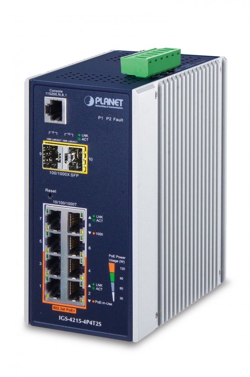 Planet IGS-4215-4P4T2S IP30 Industrial L2/L4 4-Port 10/100/1000T 802.3at PoE + 4-Port 10/100/1000T + 2-Port 100/1000X SFP Managed Switch (-40~75 degrees C), dua