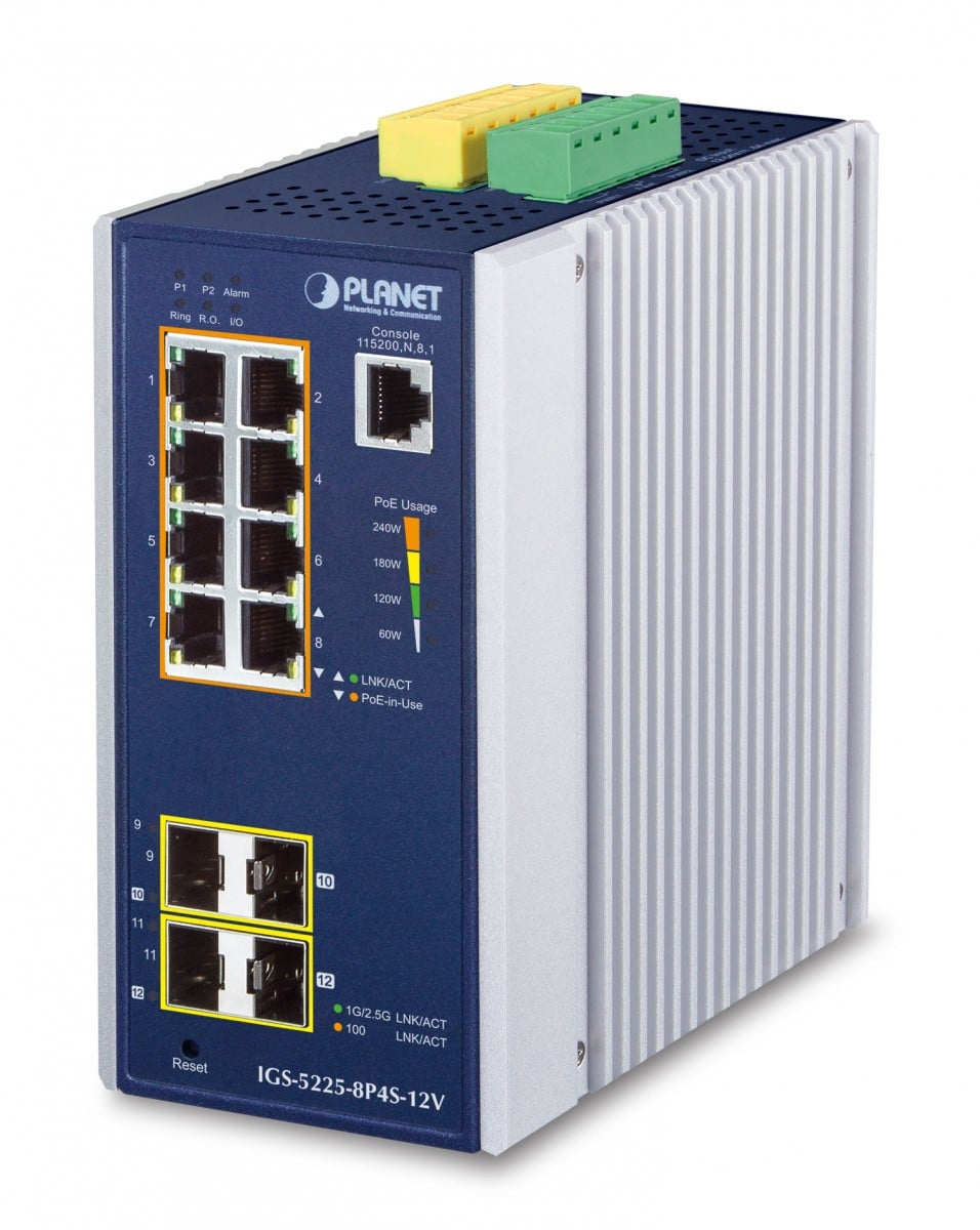 Planet IGS-5225-8P4S-12V IP30 Industrial L2+/L4 8-Port 1000T 802.3at PoE + 2-Port 100/1G SFP + 2-Port 1G/2.5G SFP Managed Switch w/ 12V Booster (-40 to 75 C, du