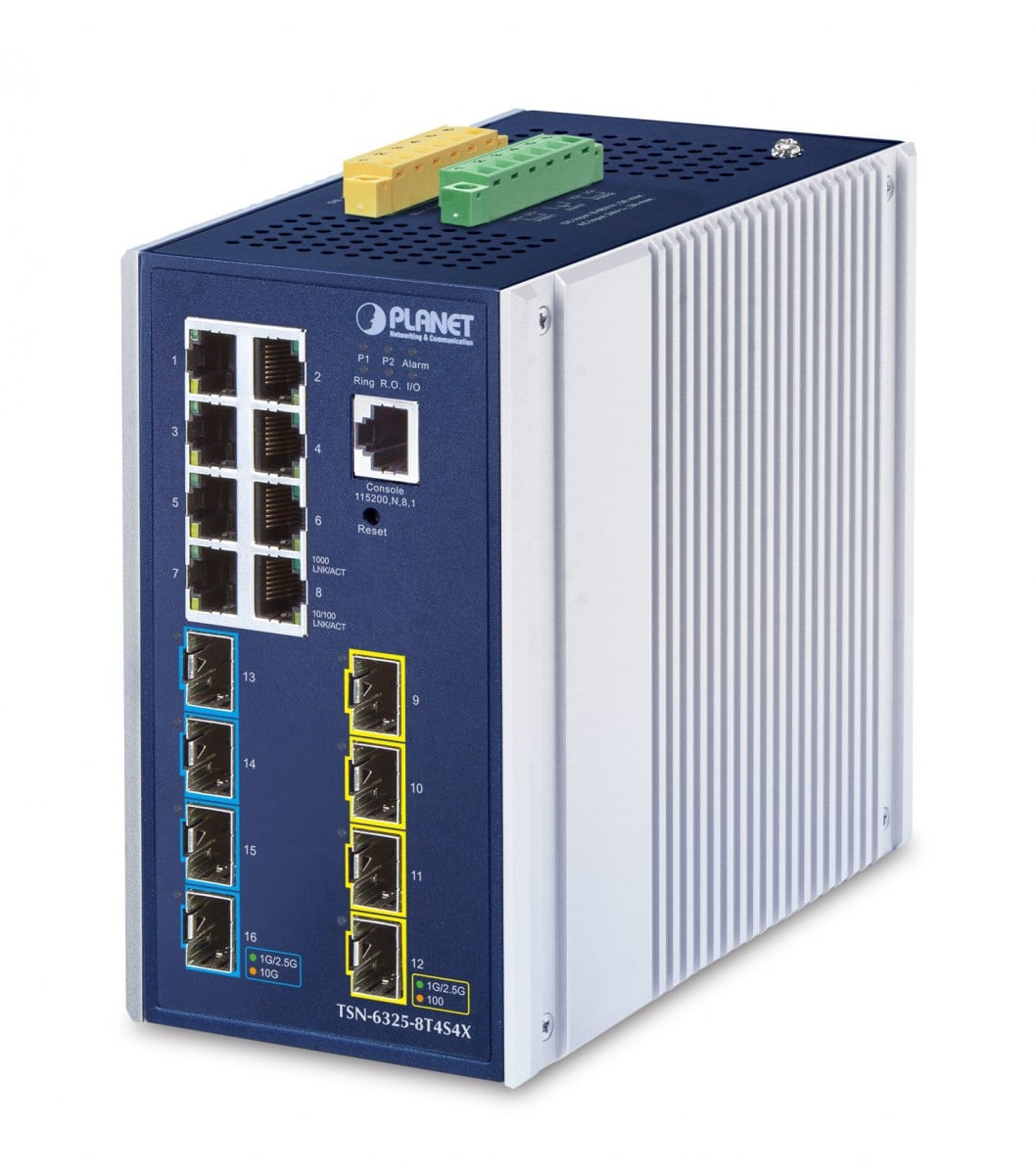Planet TSN-6325-8T4S4X IP30 DIN-rail Industrial L3 8-Port 10/100/1000T + 4-port 1G/2.5G SFP + 4-Port 10G SFP+ Managed TSN Switch (-40 to 75 C, Time-Sensitive Ne
