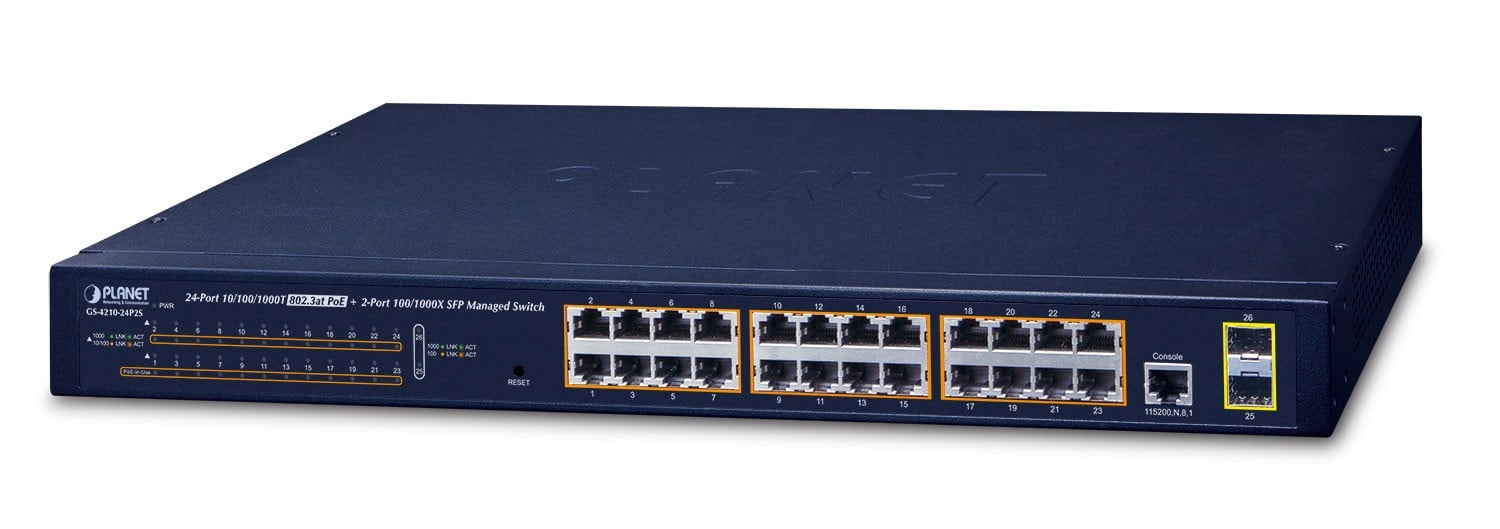 Planet GS-4210-24P2S IPv4, 24-Port Managed 802.3at POE+ Gigabit Ethernet Switch + 2-Port 100/1000X SFP (300W PoE Budget, 250m Extend mode, supports ERPS Ring, M