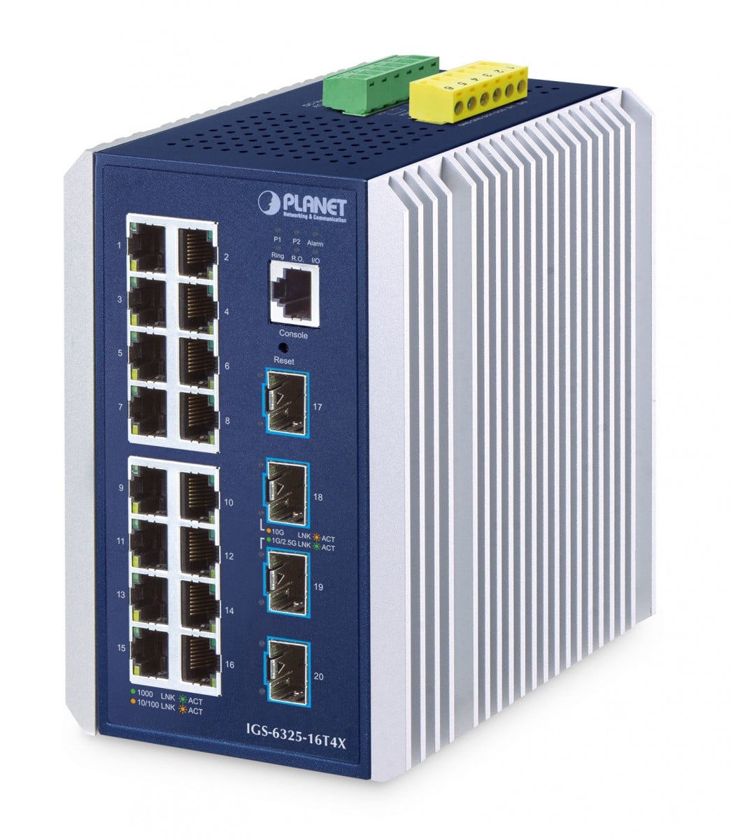 Planet IGS-6325-16T4X IP30 Industrial L3 16-Port 10/100/1000T + 4-Port 10G SFP+ Managed Ethernet Switch (-40 to 75 C, dual redundant power input on 9~48VDC term