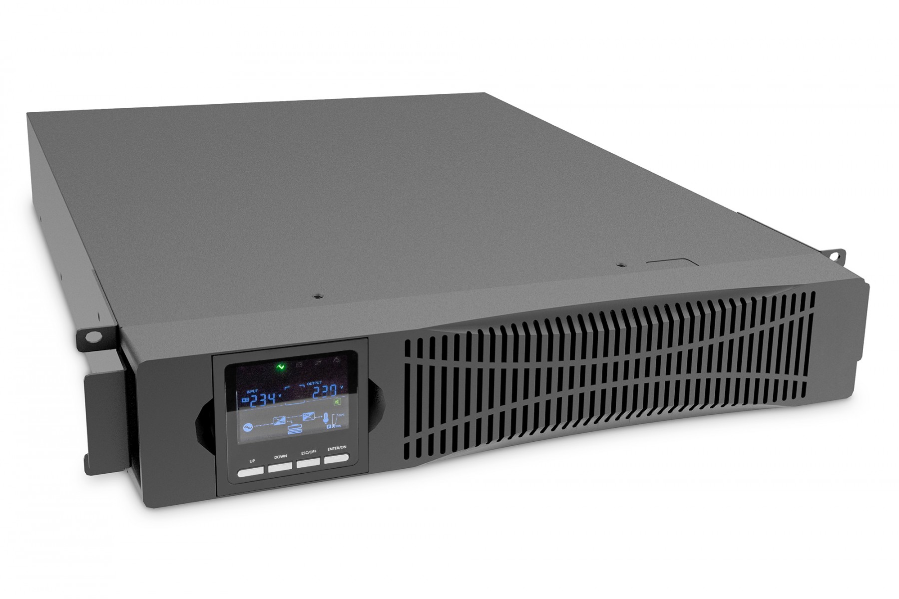 Uninterruptible Power Supply (UPS) Online Rack 19″ LCD 2000VA/2,000W 4x12V/9Ah 8xC13 1xC20 USB RS232 RJ45 Depth 460mm
