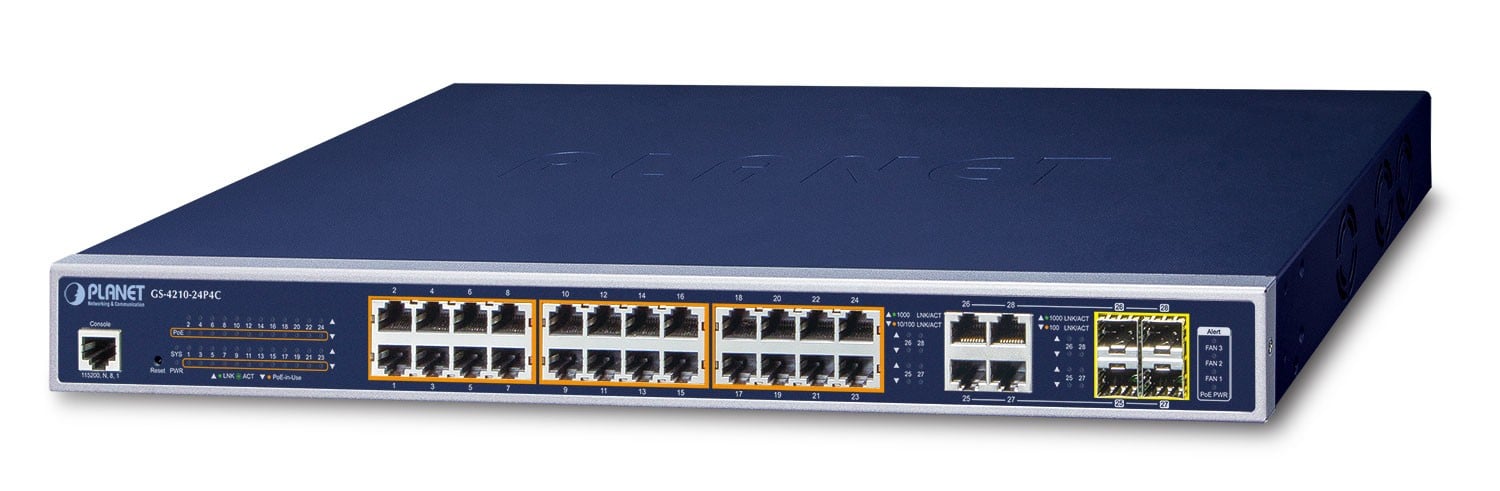 Planet GS-4210-24P4C IPv6/IPv4, 24-Port Managed 802.3at PoE+ Gigabit Ethernet Switch + 4-Port Gigabit Combo TP/SFP (280W PoE Budget, 250m Extend mode, supports