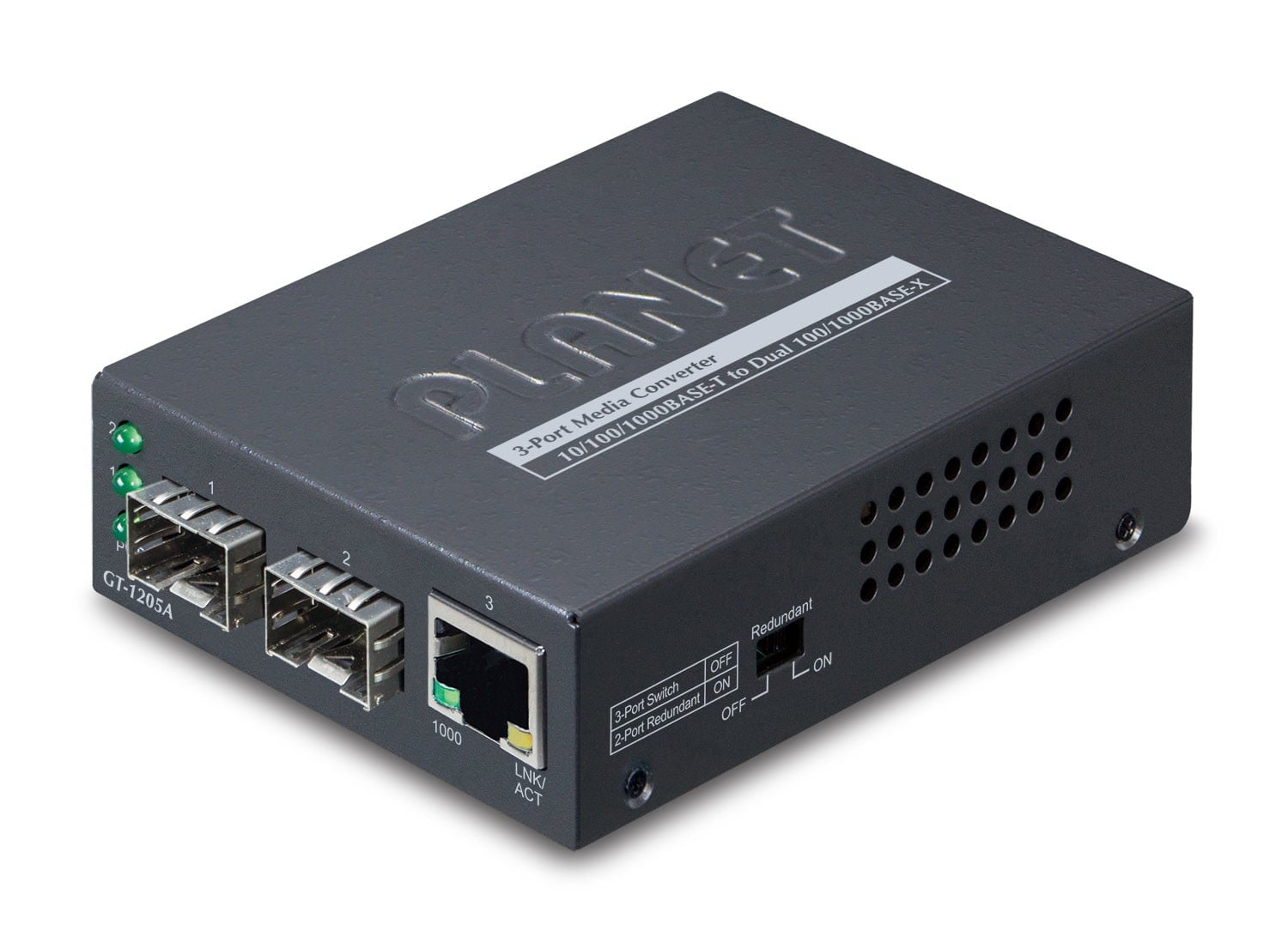 Planet GT-1205A 1-Port 10/100/1000BASE-T – 2-Port 100/1000BASE-X SFP Switch/Redundant Media Converter