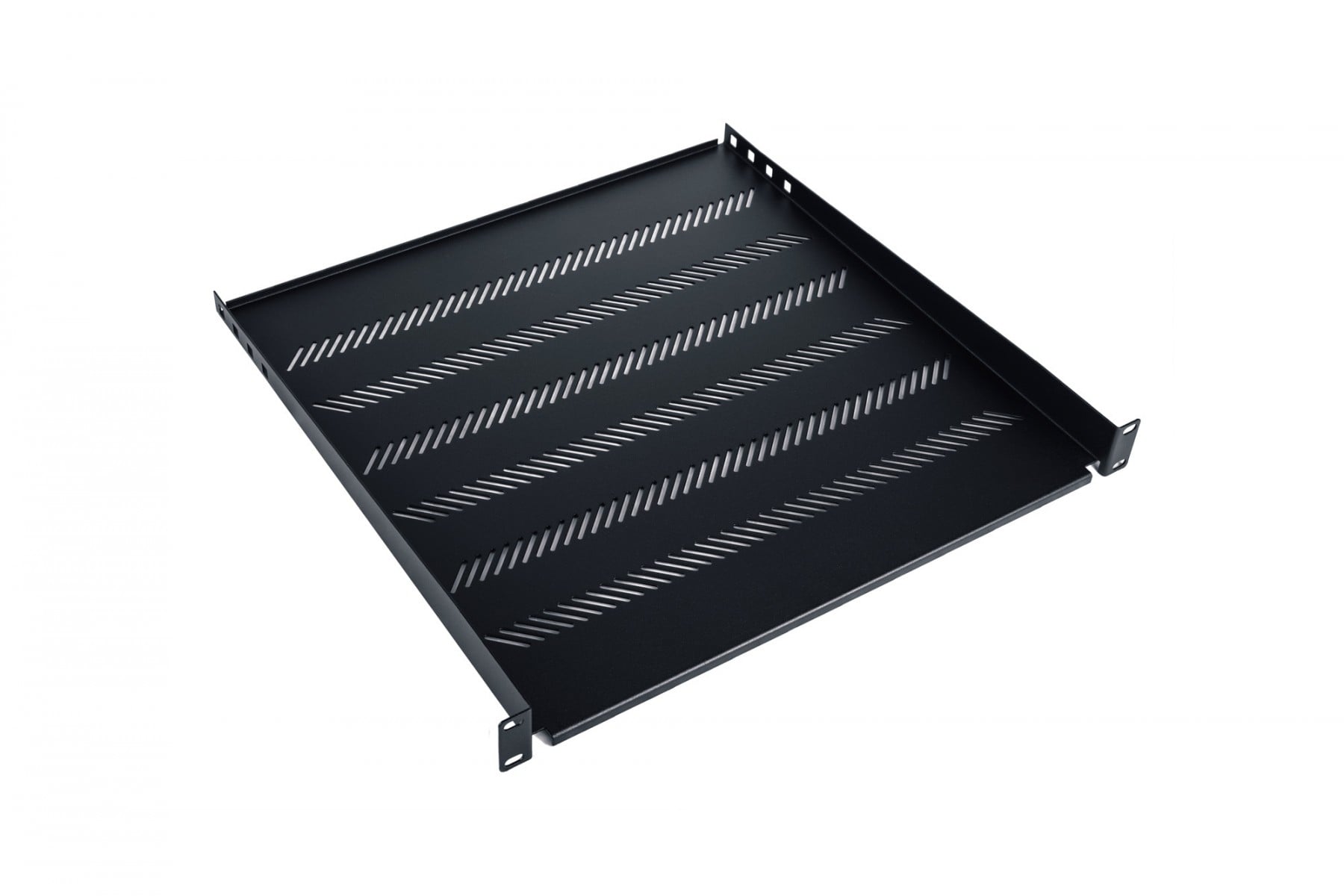 1U fixed shelf 19″, depth 450 mm, load capacity 25 kg, mounting at 4 points, screws and bracket included, black (RAL 9005)