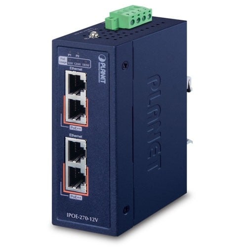 Planet IPOE-270-12V IP30 Industrial 2-Port Multi-gigabit 802.3bt PoE++ Injector (180 Watts budget, PoE Usage LED, 10M/100M/1G/2.5G/5G speed, BT/Legacy DIP switc