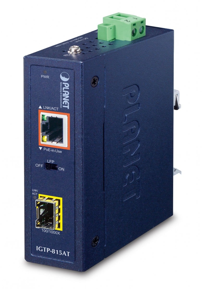 Planet IGTP-815AT IP30 Compact size Industrial 100/1000BASE-X SFP to 10/100/1000BASE-T 802.3at PoE+ Media Converter (-40 to 75 C)