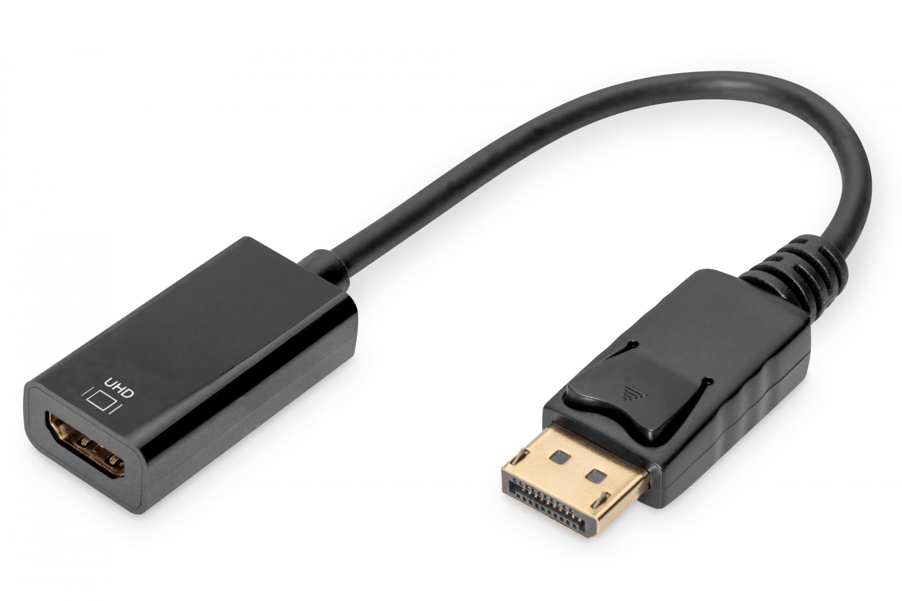 DisplayPort adapter cable, DP – HDMI type A M/F, 0.2m, w/lock, HDMI 2.0, act., gold, bl