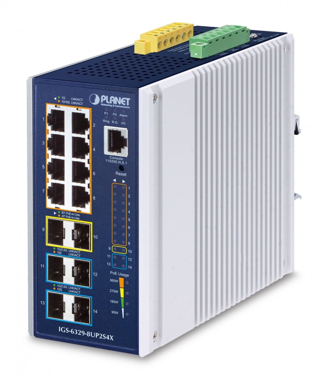 Planet IGS-6329-8UP2S4X IP30 DIN-rail Industrial L3 8-Port 10/100/1000T 802.3bt PoE + 2-port 1G/2.5G SFP + 4-Port 10G SFP+ Full Managed Switch (-40 to 75 C, 8-p