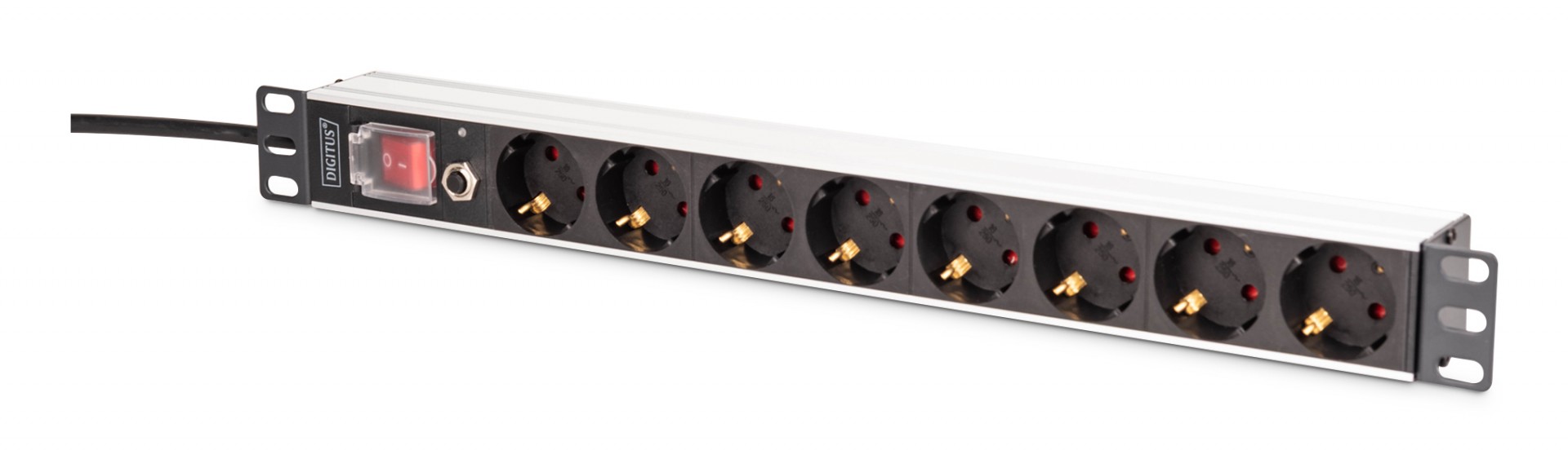 PDU Rack Power Strip 19″ with overload protection, 8 Schuko CEE 7/3 (45°) sockets, 2m cable, Unischuko CEE 7/7 plug, 16A, aluminum