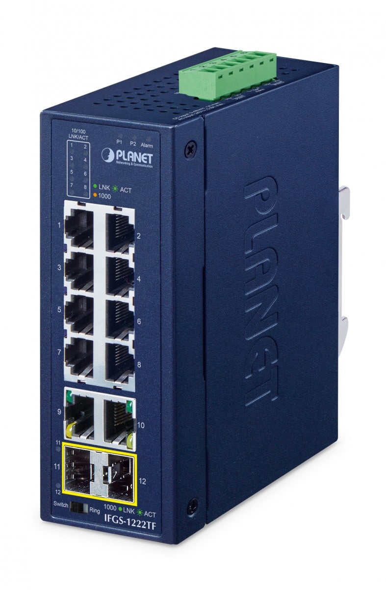 PLANET Industrial 8-Port Ring Switch IFGS-1222-TF Unmanaged Fast Ethernet (10/100) Blue