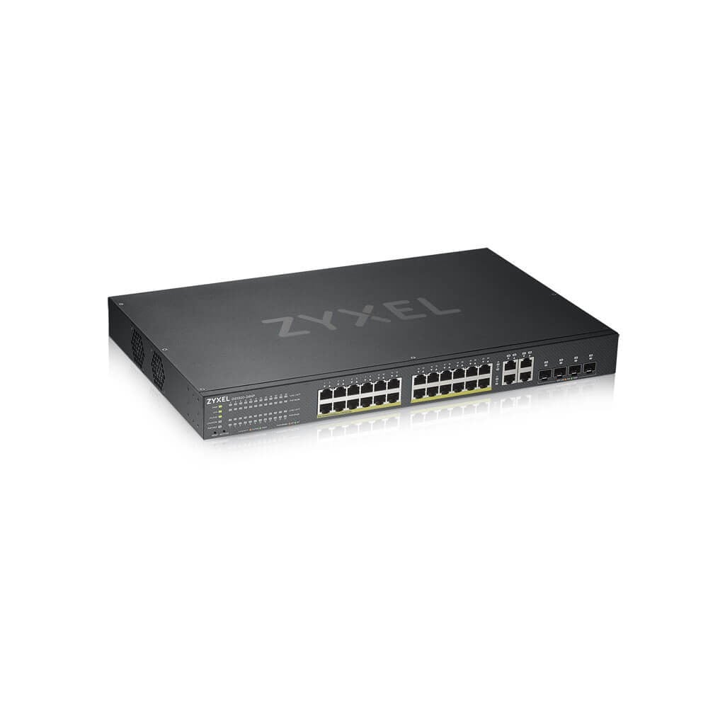GS1920-24HPv2, 28 Port Smart Managed PoE Switch 24x Gigabit Copper PoE and 4x Gigabit dual pers., hybrid mode, standalone or NebulaFlex Cloud, 375 Watt PoE