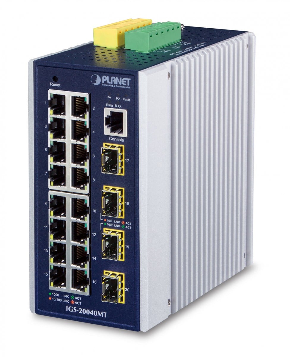 Planet IGS-20040MT IP30 Industrial 16* 10/100/1000TP + 4* 100/1000X SFP Full Managed Ethernet Switch (-40 to 75 C, dual redundant power input on 9~48VDC termina