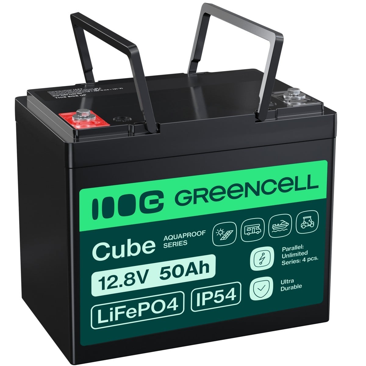 Green Cell LFPGC12V50AH CUBE Battery LiFePO4 50Ah 12.8V 640Wh Lithium Iron Phosphate for Camper, Golf Trolley, Wind Turbine