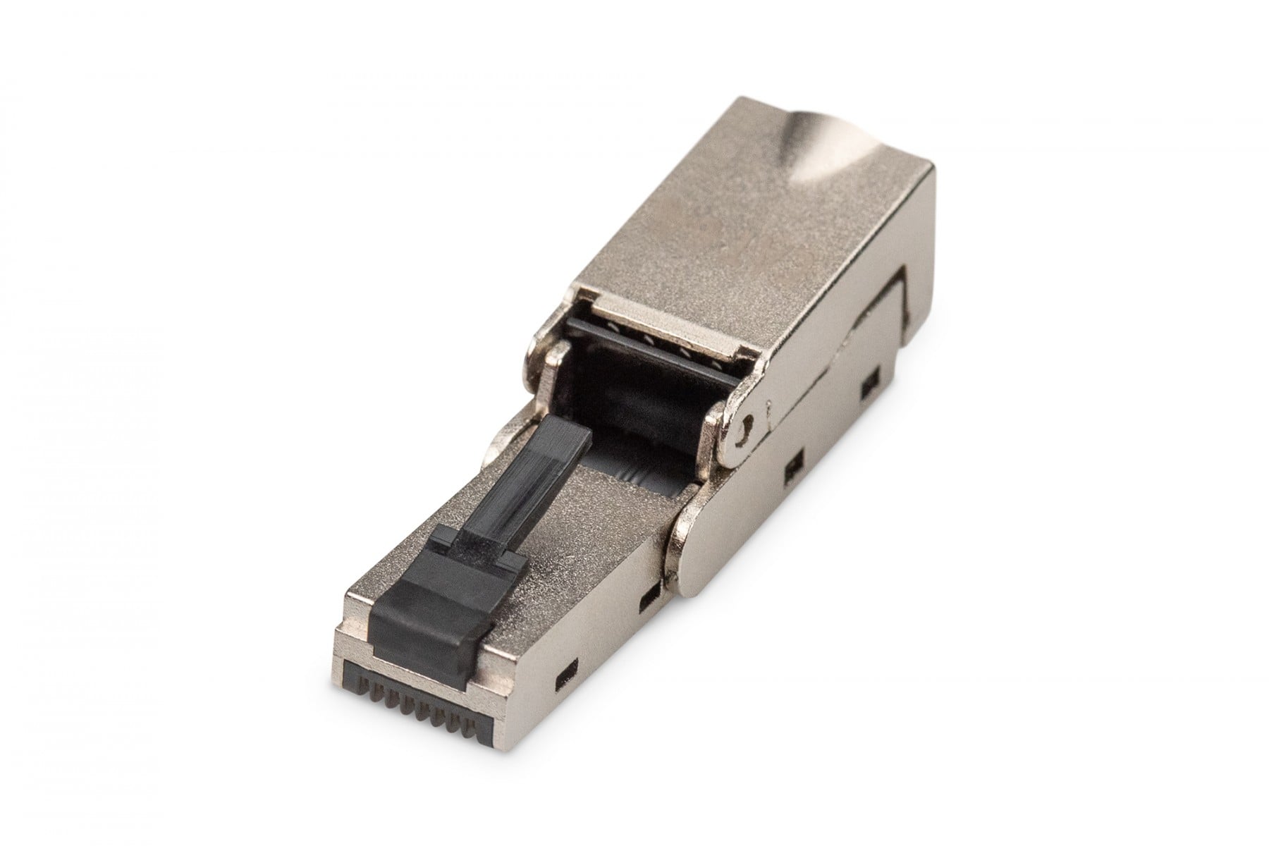 Modular hinged RJ45 plug cat.6A, PoE+, 10GbE, STP, metal, tool-less, AWG 27-22, stranded/solid